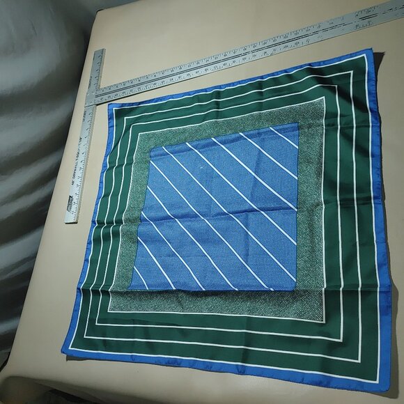 Silk Scarf Handkerchief Vintage Green Blue Striped Polka Dot - Picture 5 of 12